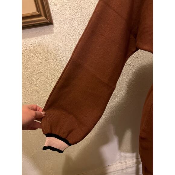 Off the Shoulder Boat Neck Contrast Long Sleeve Knit Belted Sweater Dress Size M - Picture 12 of 14